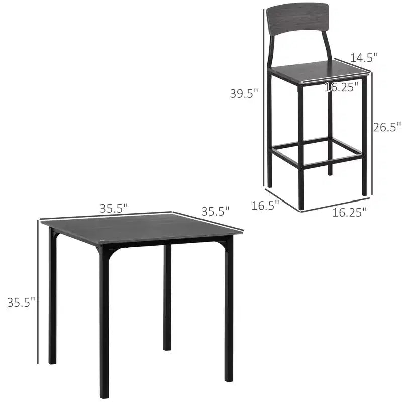 5-Piece Counter Height Bar Table with Space-Saving Design, Square Kitchen Table and Chairs Set with Footrest, Metal Legs, Industrial Dining Table