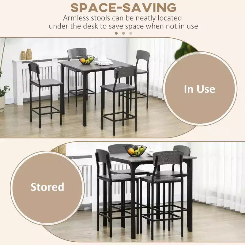 5-Piece Counter Height Bar Table with Space-Saving Design, Square Kitchen Table and Chairs Set with Footrest, Metal Legs, Industrial Dining Table