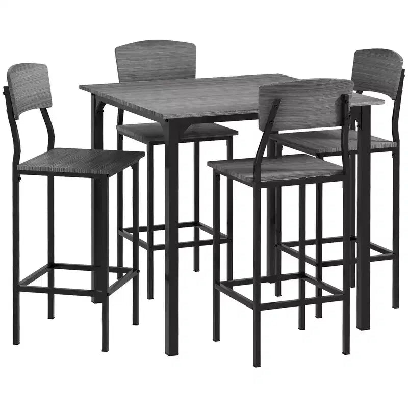 5-Piece Counter Height Bar Table with Space-Saving Design, Square Kitchen Table and Chairs Set with Footrest, Metal Legs, Industrial Dining Table