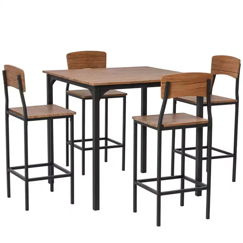 5-Piece Counter Height Bar Table with Space-Saving Design, Square Kitchen Table and Chairs Set with Footrest, Metal Legs, Industrial Dining Table
