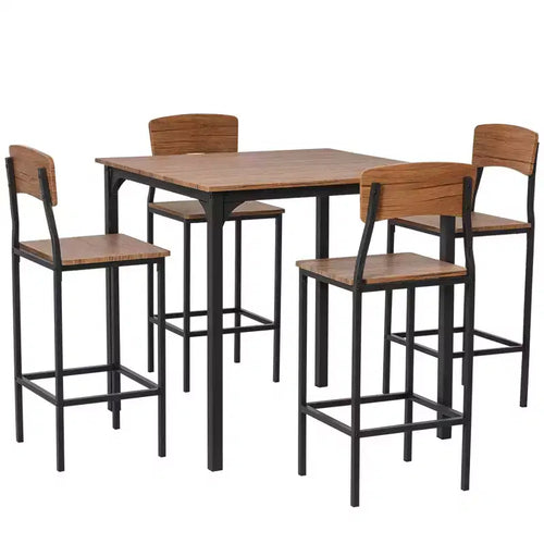 5-Piece Counter Height Bar Table with Space-Saving Design, Square Kitchen Table and Chairs Set with Footrest, Metal Legs, Industrial Dining Table