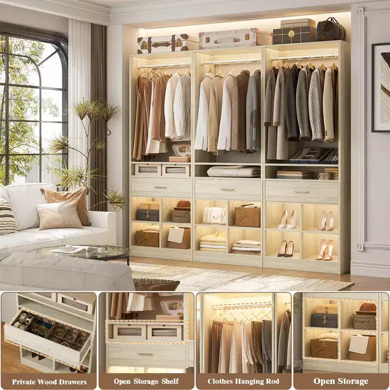 Besiost 25-In Closet Organizer with Wood Drawers and Cubbies, Freestanding Closet System with Hanging Rods