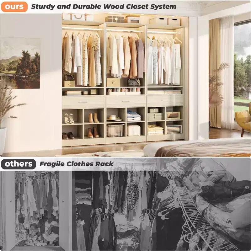 Besiost 25-In Closet Organizer with Wood Drawers and Cubbies, Freestanding Closet System with Hanging Rods