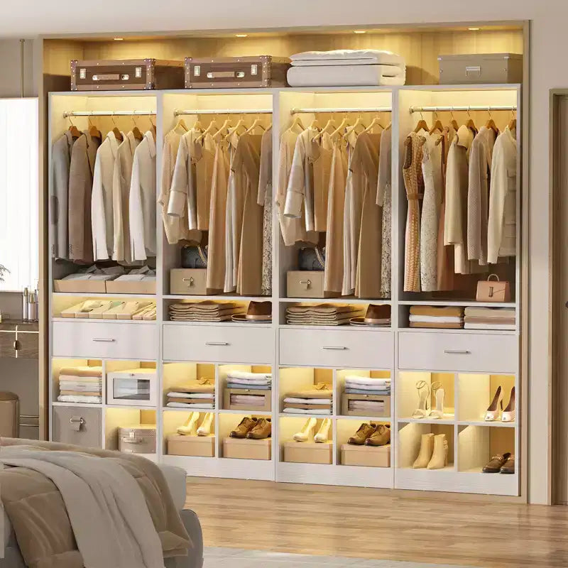 Besiost 25-In Closet Organizer with Wood Drawers and Cubbies, Freestanding Closet System with Hanging Rods