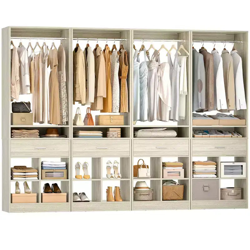Besiost 25-In Closet Organizer with Wood Drawers and Cubbies, Freestanding Closet System with Hanging Rods
