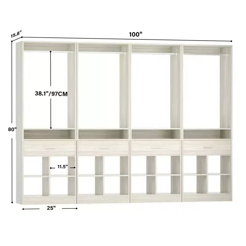 Besiost 25-In Closet Organizer with Wood Drawers and Cubbies, Freestanding Closet System with Hanging Rods