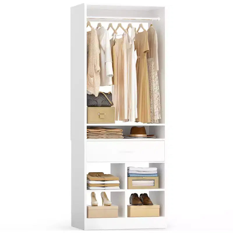 Besiost 25-In Closet Organizer with Wood Drawers and Cubbies, Freestanding Closet System with Hanging Rods