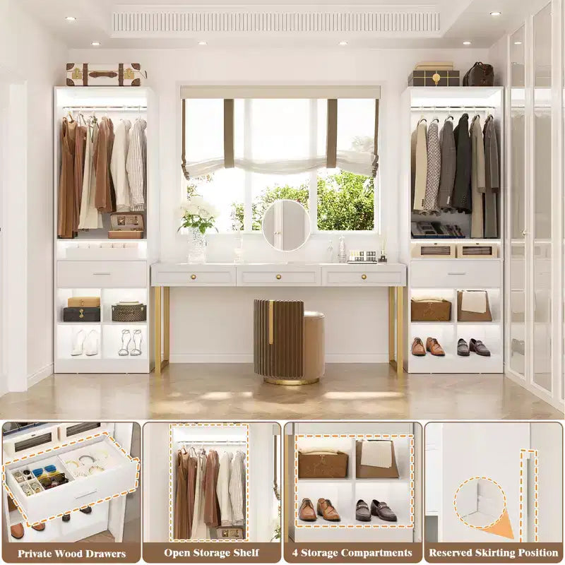 Besiost 25-In Closet Organizer with Wood Drawers and Cubbies, Freestanding Closet System with Hanging Rods