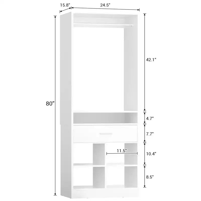 Besiost 25-In Closet Organizer with Wood Drawers and Cubbies, Freestanding Closet System with Hanging Rods