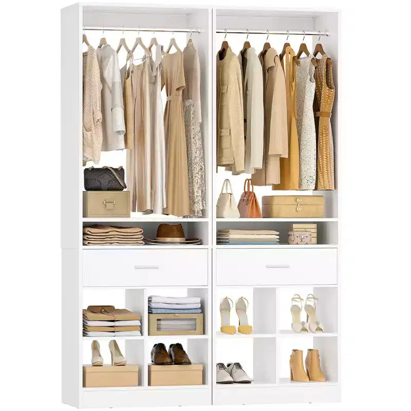 Besiost 25-In Closet Organizer with Wood Drawers and Cubbies, Freestanding Closet System with Hanging Rods