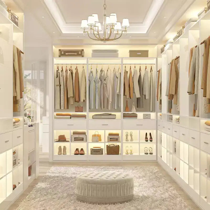 Besiost 25-In Closet Organizer with Wood Drawers and Cubbies, Freestanding Closet System with Hanging Rods
