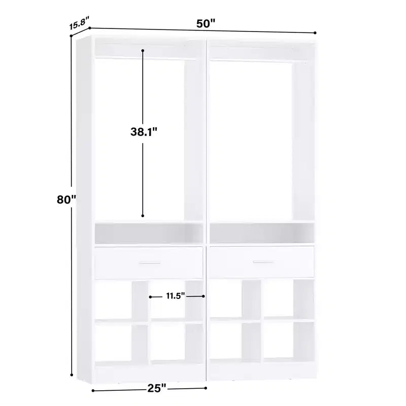 Besiost 25-In Closet Organizer with Wood Drawers and Cubbies, Freestanding Closet System with Hanging Rods