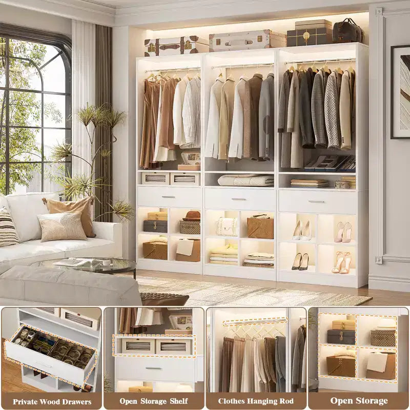 Besiost 25-In Closet Organizer with Wood Drawers and Cubbies, Freestanding Closet System with Hanging Rods