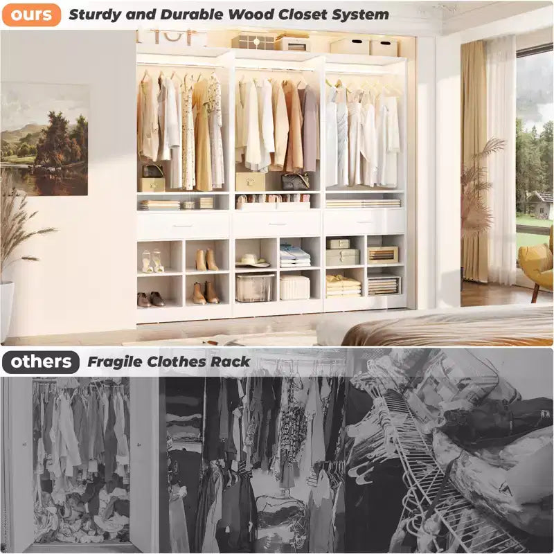 Besiost 25-In Closet Organizer with Wood Drawers and Cubbies, Freestanding Closet System with Hanging Rods