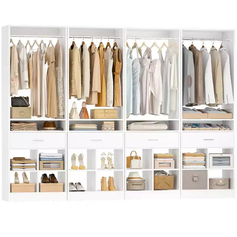 Besiost 25-In Closet Organizer with Wood Drawers and Cubbies, Freestanding Closet System with Hanging Rods