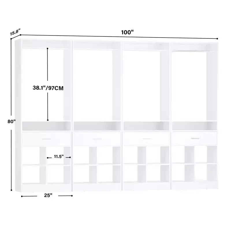 Besiost 25-In Closet Organizer with Wood Drawers and Cubbies, Freestanding Closet System with Hanging Rods