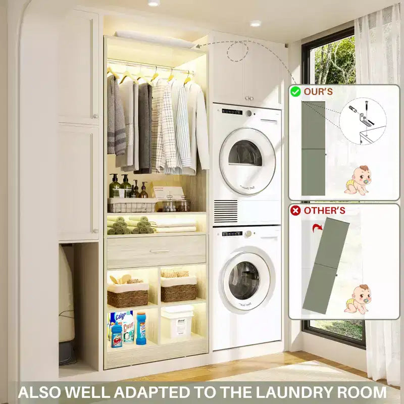 Besiost 25-In Closet Organizer with Wood Drawers and Cubbies, Freestanding Closet System with Hanging Rods