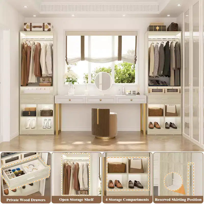 Besiost 25-In Closet Organizer with Wood Drawers and Cubbies, Freestanding Closet System with Hanging Rods