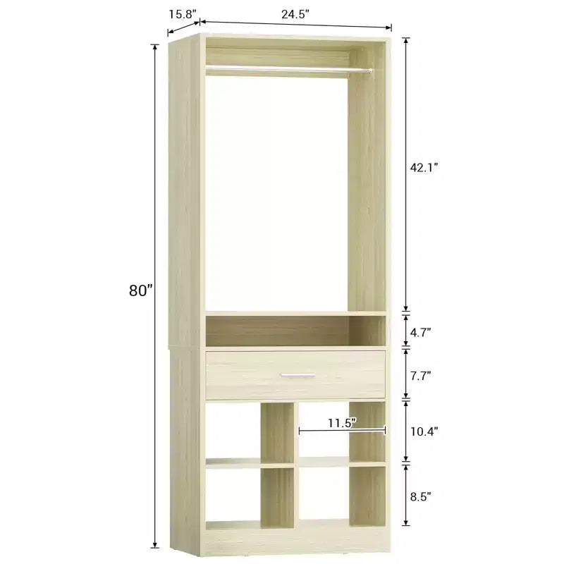 Besiost 25-In Closet Organizer with Wood Drawers and Cubbies, Freestanding Closet System with Hanging Rods