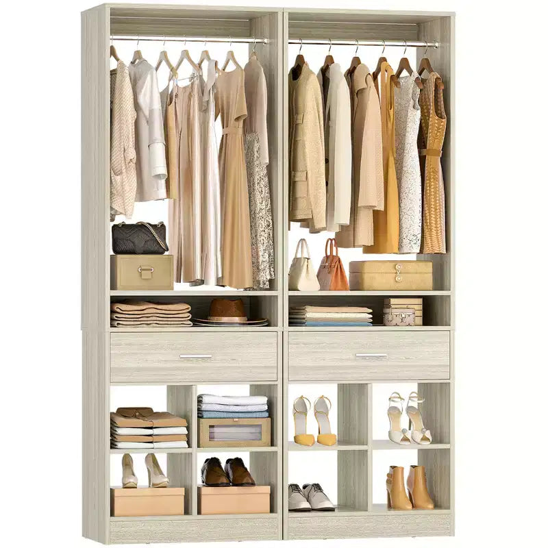 Besiost 25-In Closet Organizer with Wood Drawers and Cubbies, Freestanding Closet System with Hanging Rods