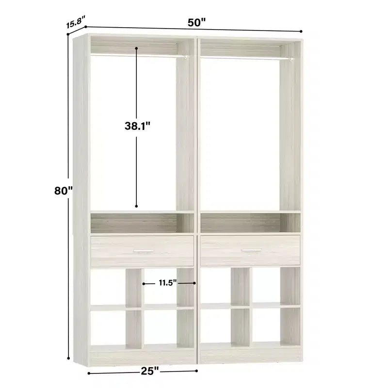 Besiost 25-In Closet Organizer with Wood Drawers and Cubbies, Freestanding Closet System with Hanging Rods
