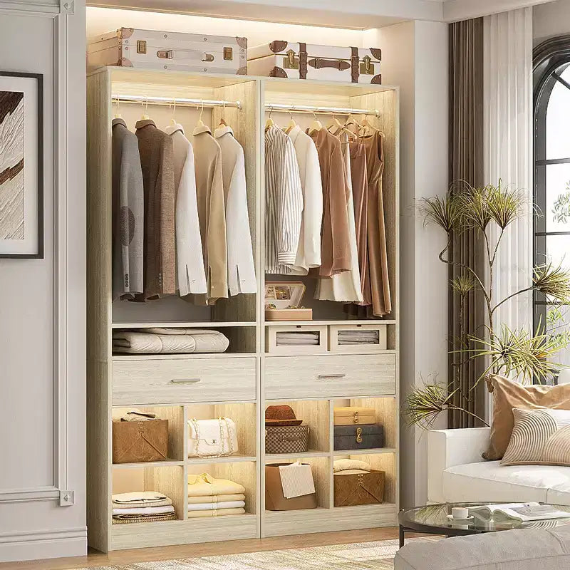 Besiost 25-In Closet Organizer with Wood Drawers and Cubbies, Freestanding Closet System with Hanging Rods