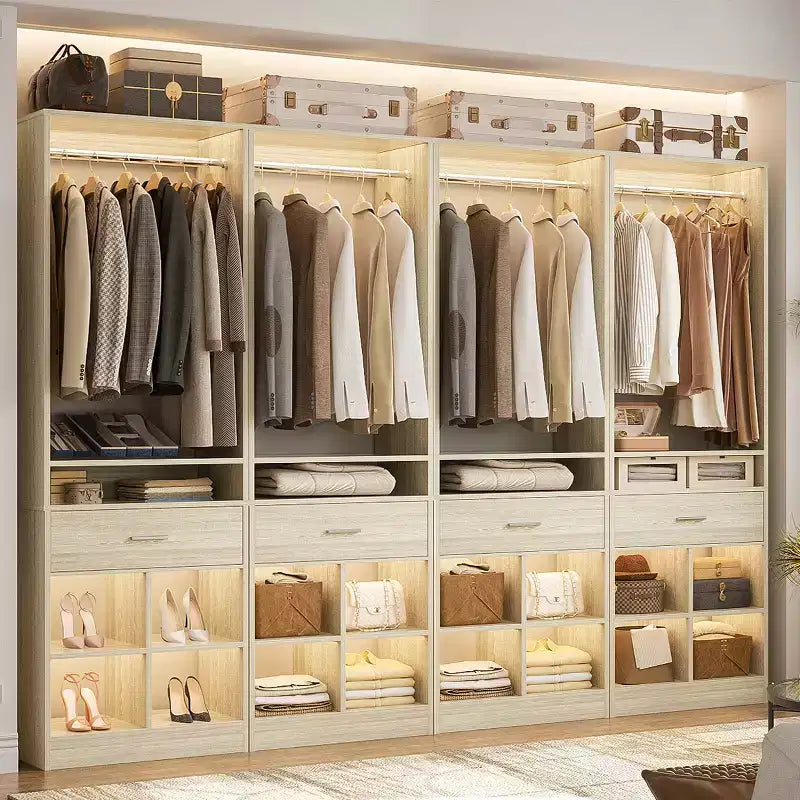 Besiost 25-In Closet Organizer with Wood Drawers and Cubbies, Freestanding Closet System with Hanging Rods