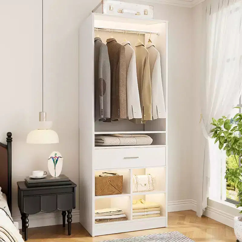 Besiost 25-In Closet Organizer with Wood Drawers and Cubbies, Freestanding Closet System with Hanging Rods