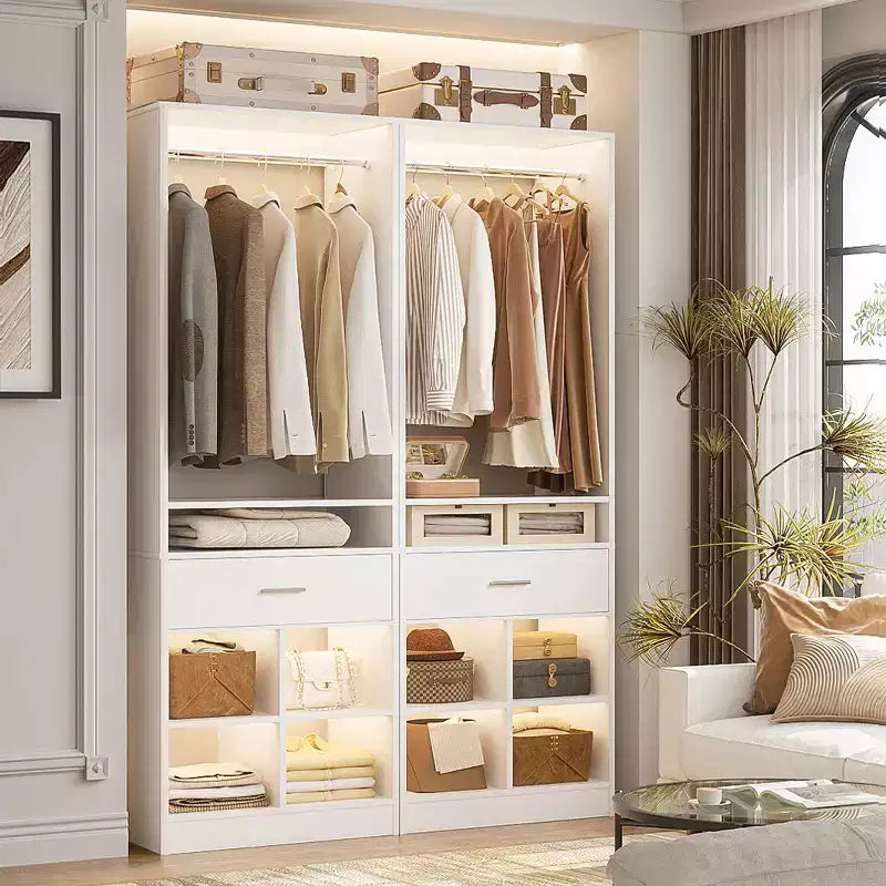 Besiost 25-In Closet Organizer with Wood Drawers and Cubbies, Freestanding Closet System with Hanging Rods