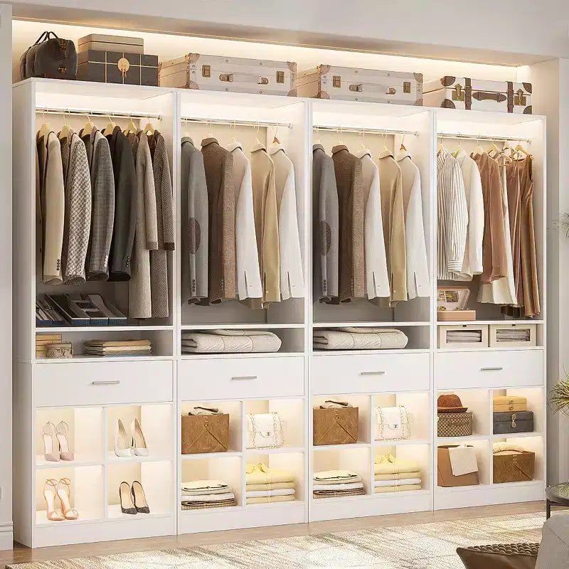Besiost 25-In Closet Organizer with Wood Drawers and Cubbies, Freestanding Closet System with Hanging Rods