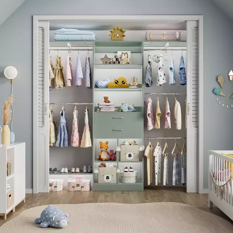 Besiost 5FT Closet Organizer with Wood Drawers and Cubbies, Small Closet System with 5 Hanging Rods