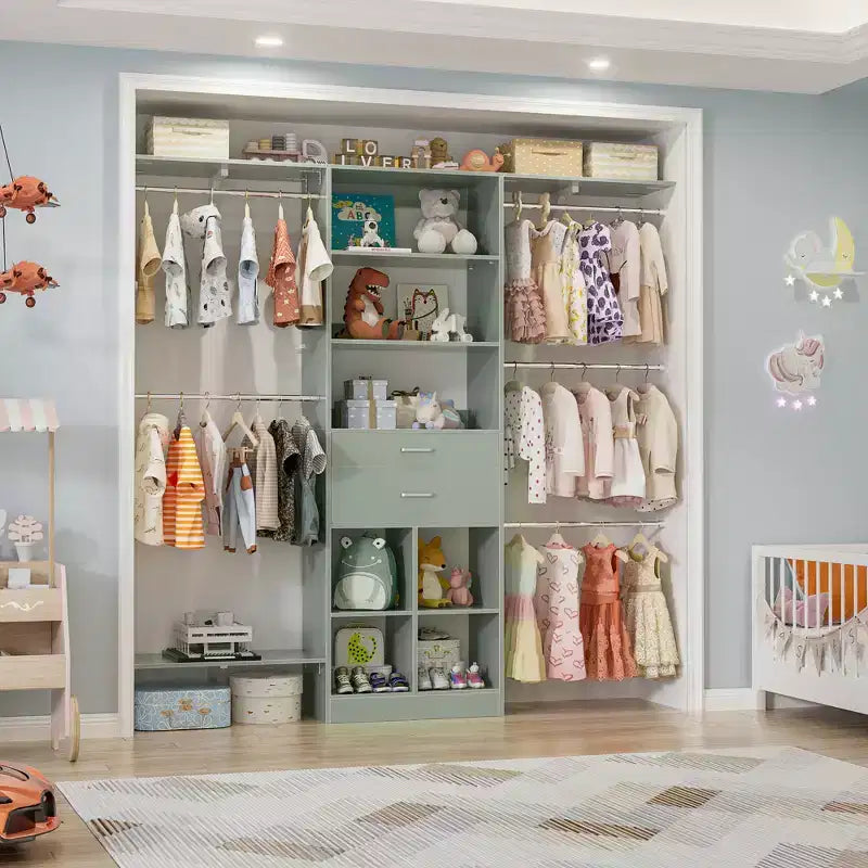 Besiost 5FT Closet Organizer with Wood Drawers and Cubbies, Small Closet System with 5 Hanging Rods