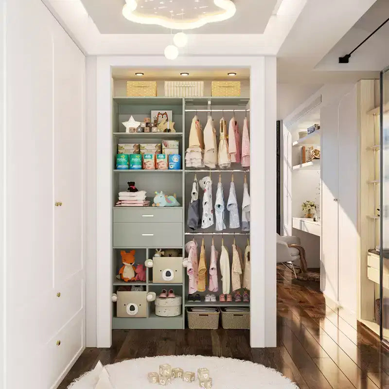 Besiost 5FT Closet Organizer with Wood Drawers and Cubbies, Small Closet System with 5 Hanging Rods