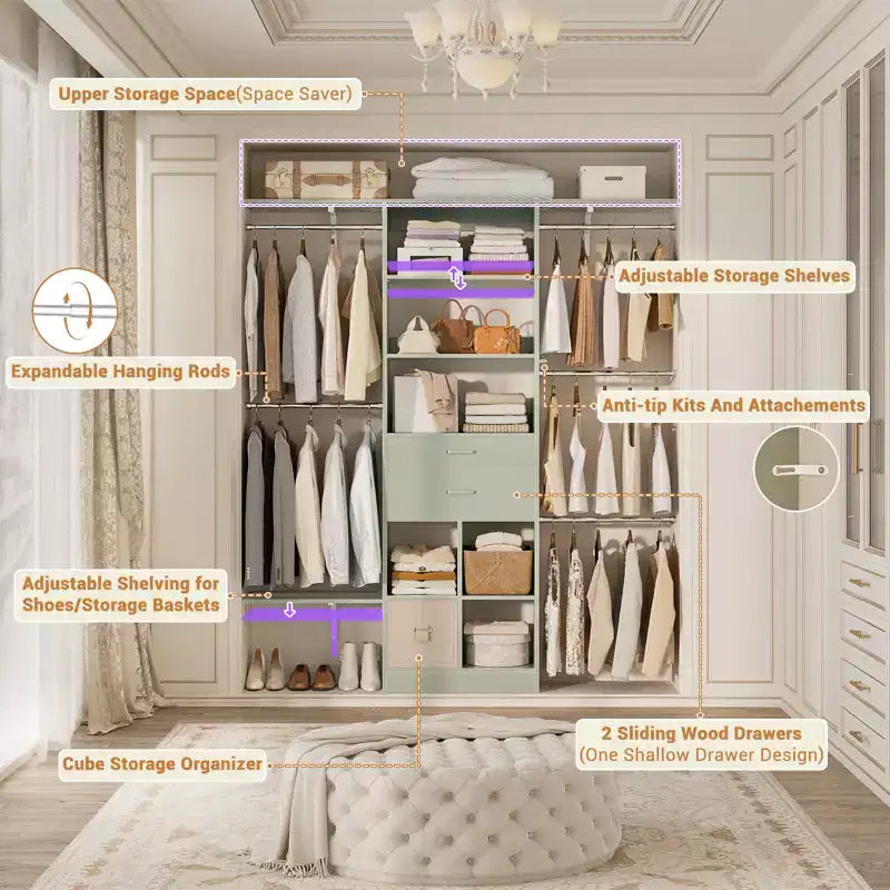 Besiost 5FT Closet Organizer with Wood Drawers and Cubbies, Small Closet System with 5 Hanging Rods