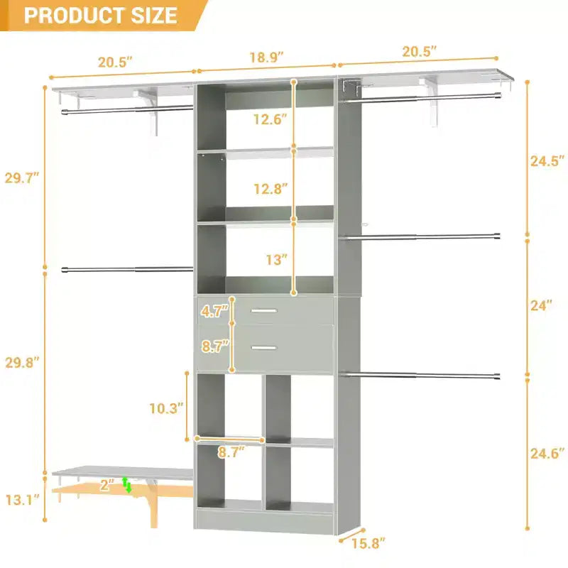 Besiost 5FT Closet Organizer with Wood Drawers and Cubbies, Small Closet System with 5 Hanging Rods