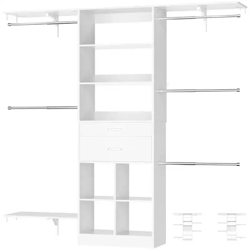 Besiost 5FT Closet Organizer with Wood Drawers and Cubbies, Small Closet System with 5 Hanging Rods