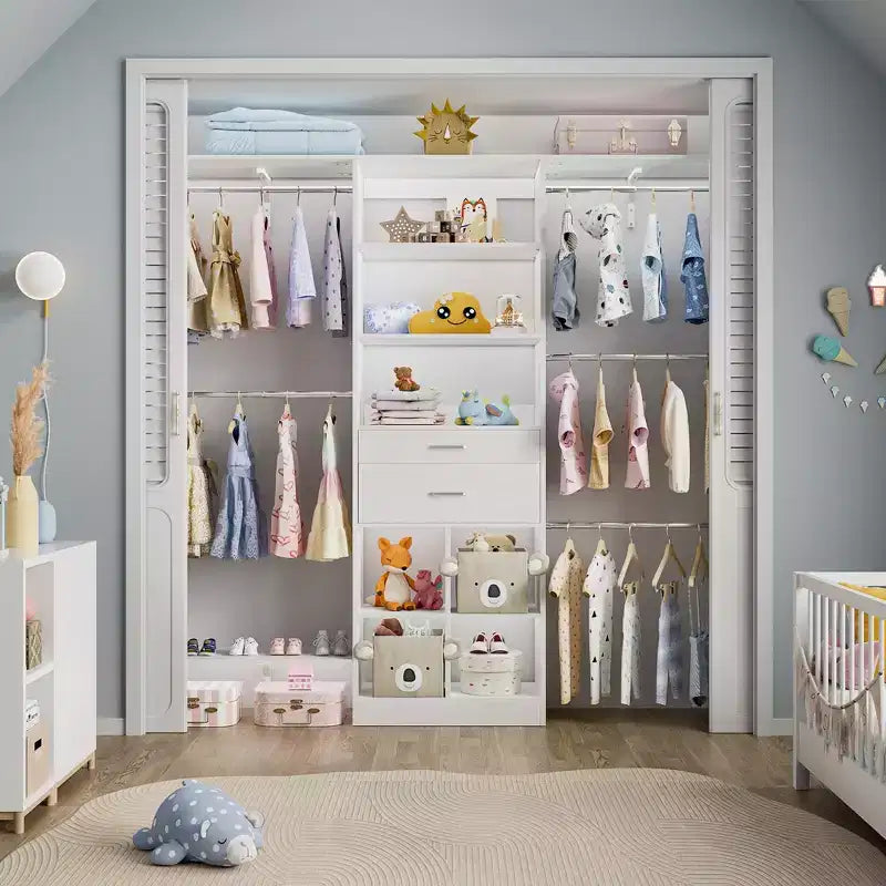 Besiost 5FT Closet Organizer with Wood Drawers and Cubbies, Small Closet System with 5 Hanging Rods