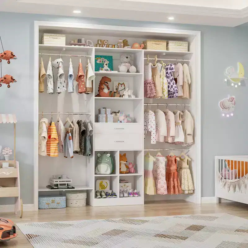 Besiost 5FT Closet Organizer with Wood Drawers and Cubbies, Small Closet System with 5 Hanging Rods