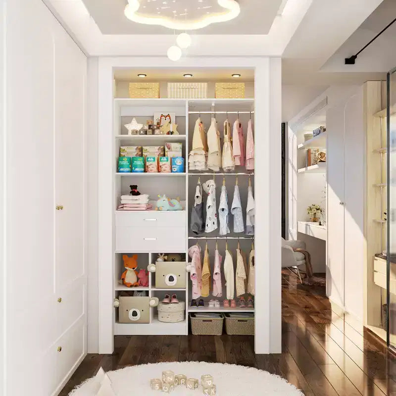 Besiost 5FT Closet Organizer with Wood Drawers and Cubbies, Small Closet System with 5 Hanging Rods