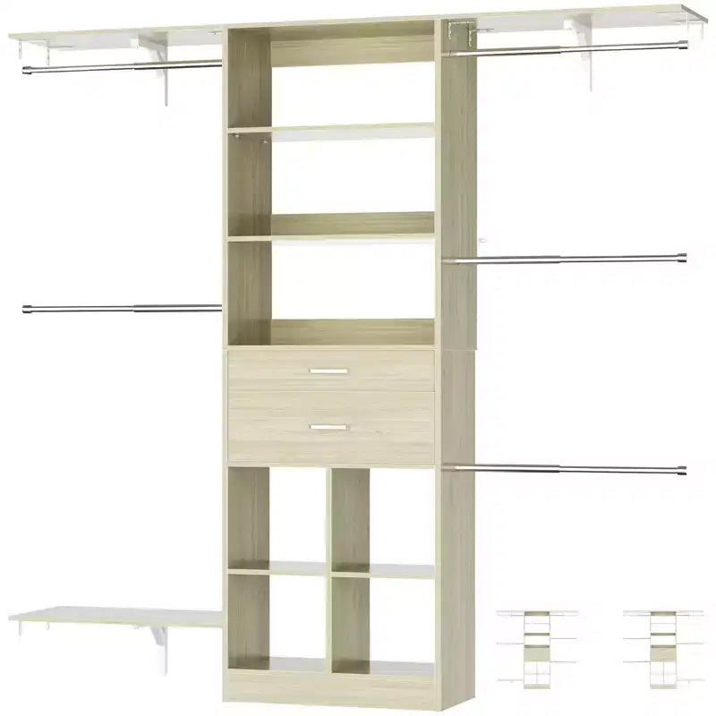Besiost 5FT Closet Organizer with Wood Drawers and Cubbies, Small Closet System with 5 Hanging Rods