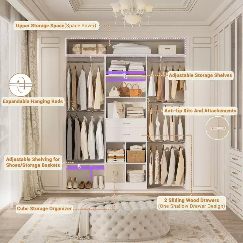 Besiost 5FT Closet Organizer with Wood Drawers and Cubbies, Small Closet System with 5 Hanging Rods