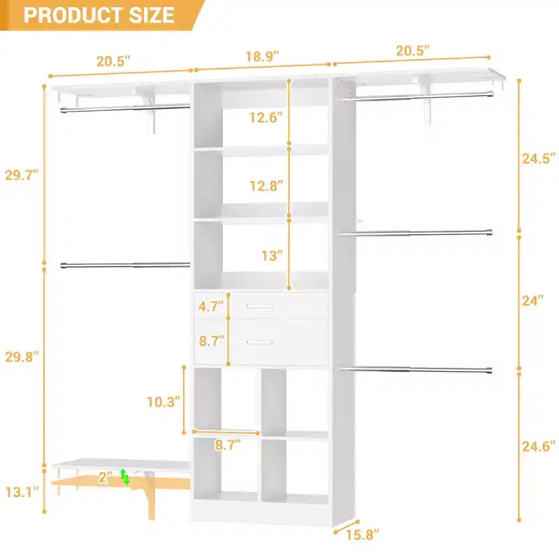 Besiost 5FT Closet Organizer with Wood Drawers and Cubbies, Small Closet System with 5 Hanging Rods