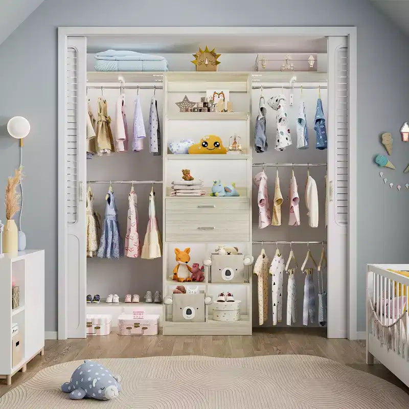 Besiost 5FT Closet Organizer with Wood Drawers and Cubbies, Small Closet System with 5 Hanging Rods