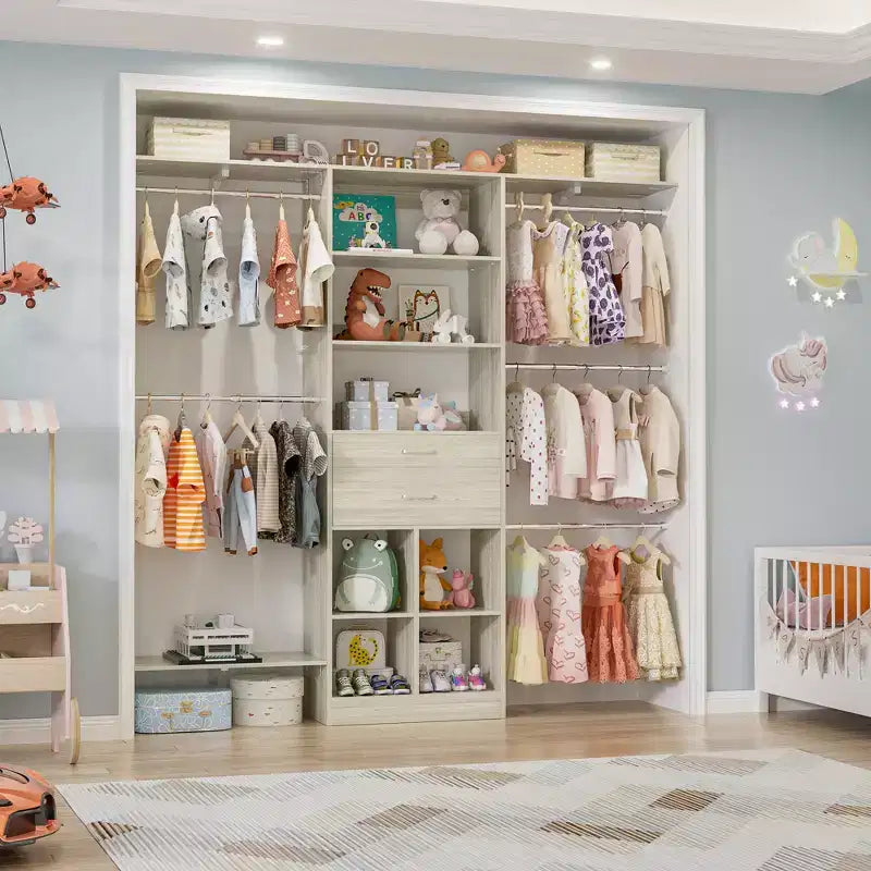 Besiost 5FT Closet Organizer with Wood Drawers and Cubbies, Small Closet System with 5 Hanging Rods