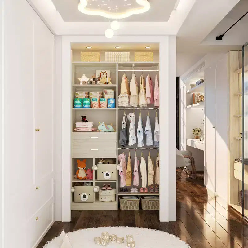 Besiost 5FT Closet Organizer with Wood Drawers and Cubbies, Small Closet System with 5 Hanging Rods