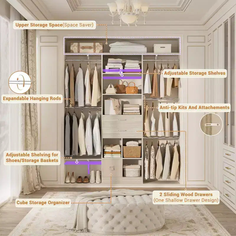 Besiost 5FT Closet Organizer with Wood Drawers and Cubbies, Small Closet System with 5 Hanging Rods