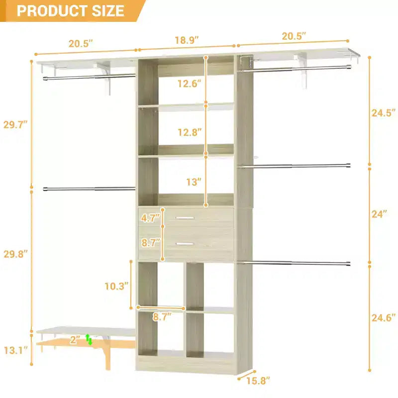 Besiost 5FT Closet Organizer with Wood Drawers and Cubbies, Small Closet System with 5 Hanging Rods