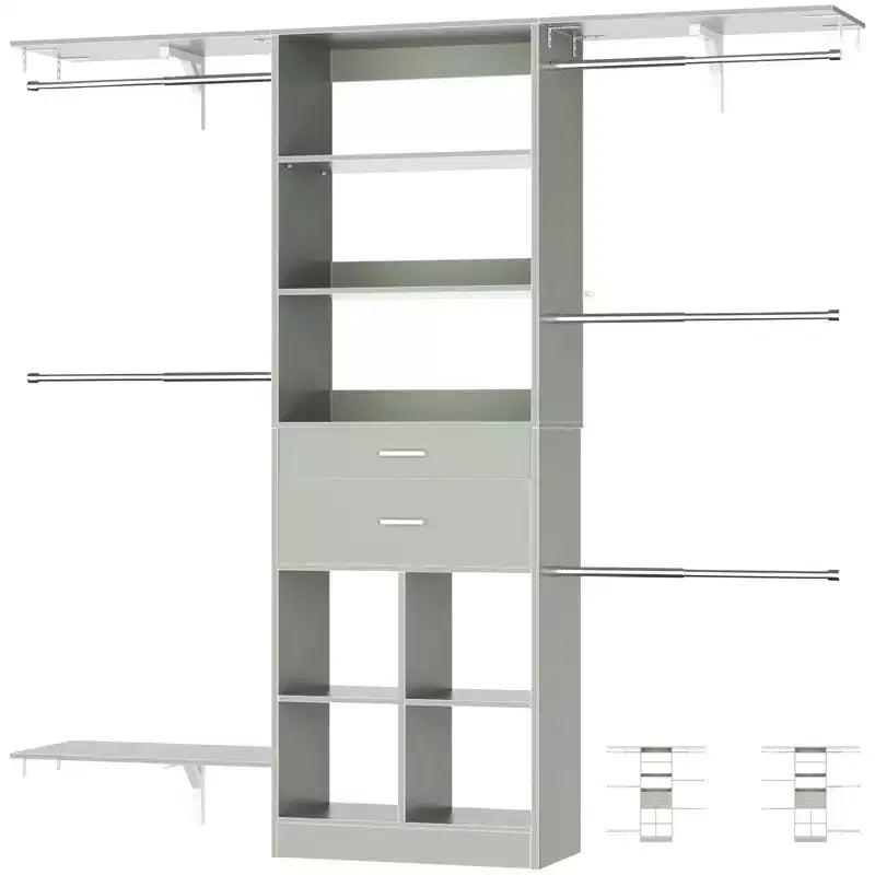 Besiost 5FT Closet Organizer with Wood Drawers and Cubbies, Small Closet System with 5 Hanging Rods
