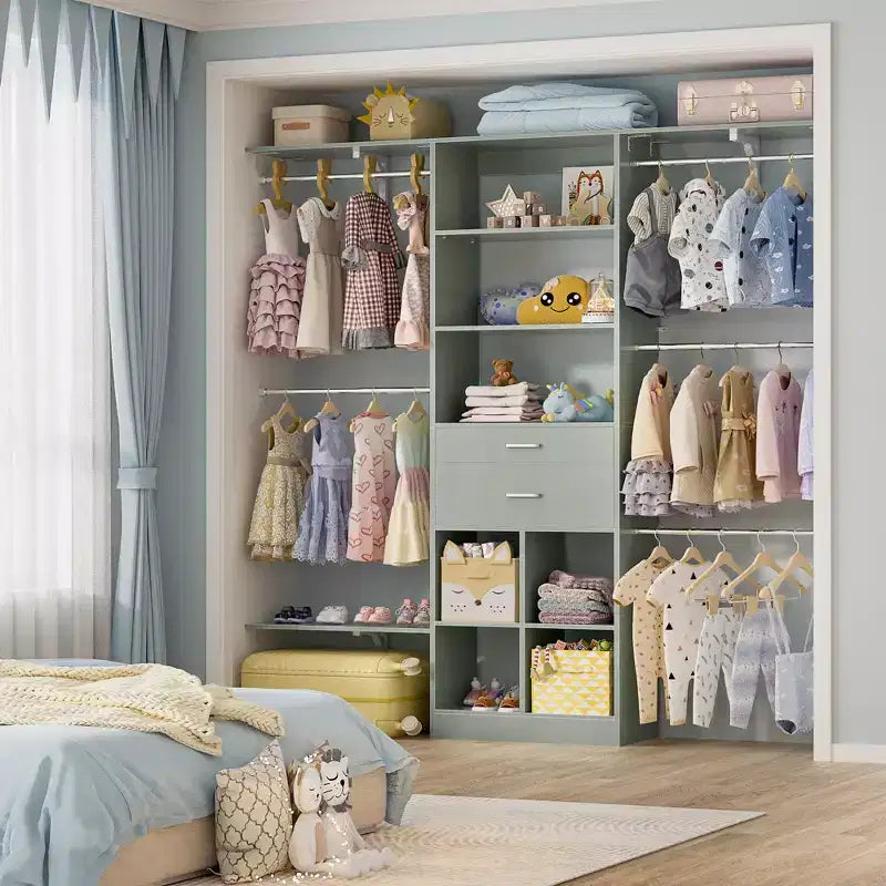Besiost 5FT Closet Organizer with Wood Drawers and Cubbies, Small Closet System with 5 Hanging Rods