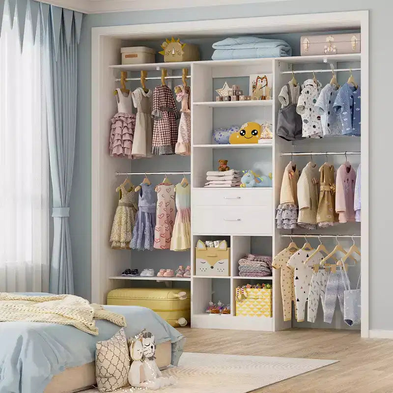 Besiost 5FT Closet Organizer with Wood Drawers and Cubbies, Small Closet System with 5 Hanging Rods